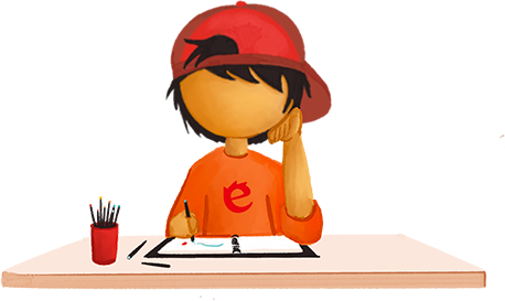 Edlio mascot Miguel drawing at a desk